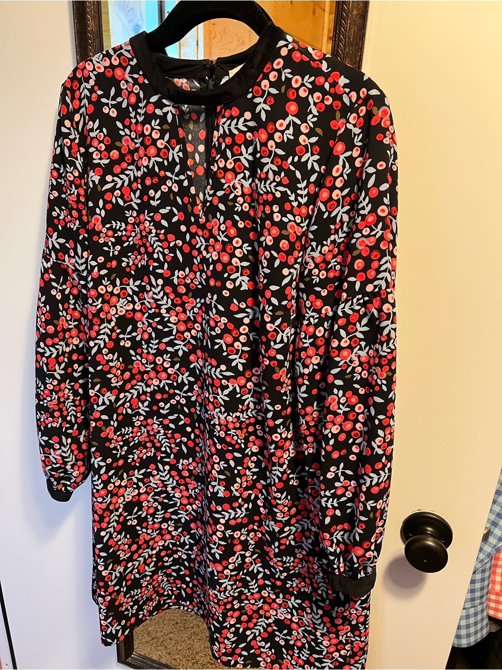 LOFT Black Floral Cherry Print Long Sleeve Dress